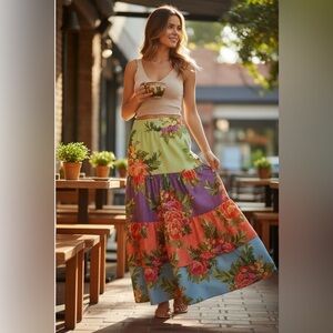 Farm Rio x Anthropologie Tiered Floral Maxi Skirt